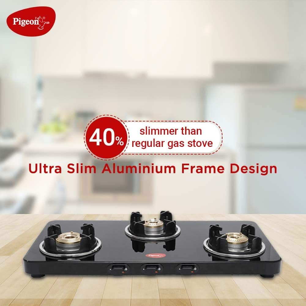 Pigeon By Stovekraft Sleek 3 Burner Ultra Slim Gas Stove With Glass Top