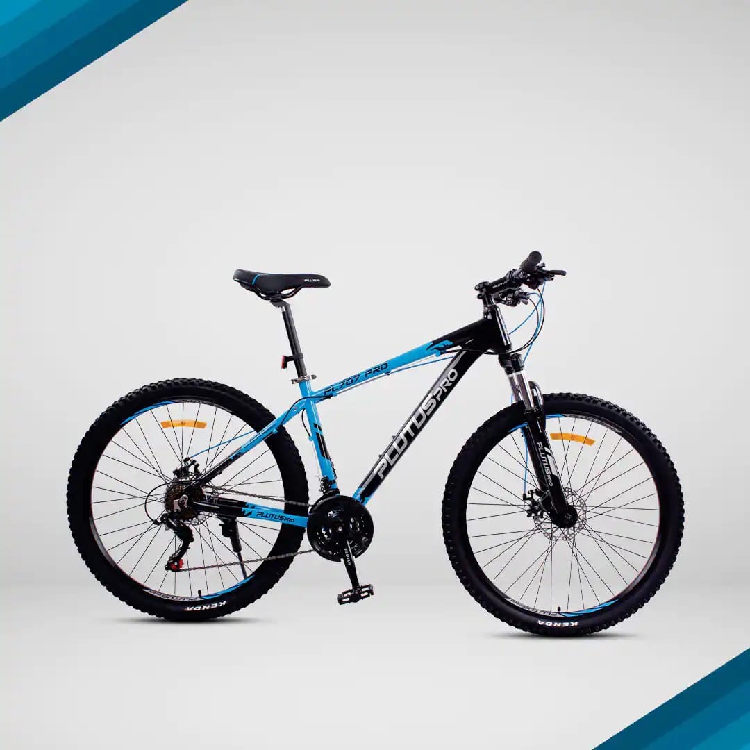 Plutus Atlantis Mountain Bike Wheel Size 27.5T Frame Size 17 inch Dual Disc Brake Geared 21 Speed Blue Black