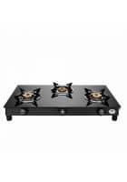 Preethi Bluflame Sparkle Power Duo 3 Burner Glass Top Gas Stove, Manual Ignition (Black)