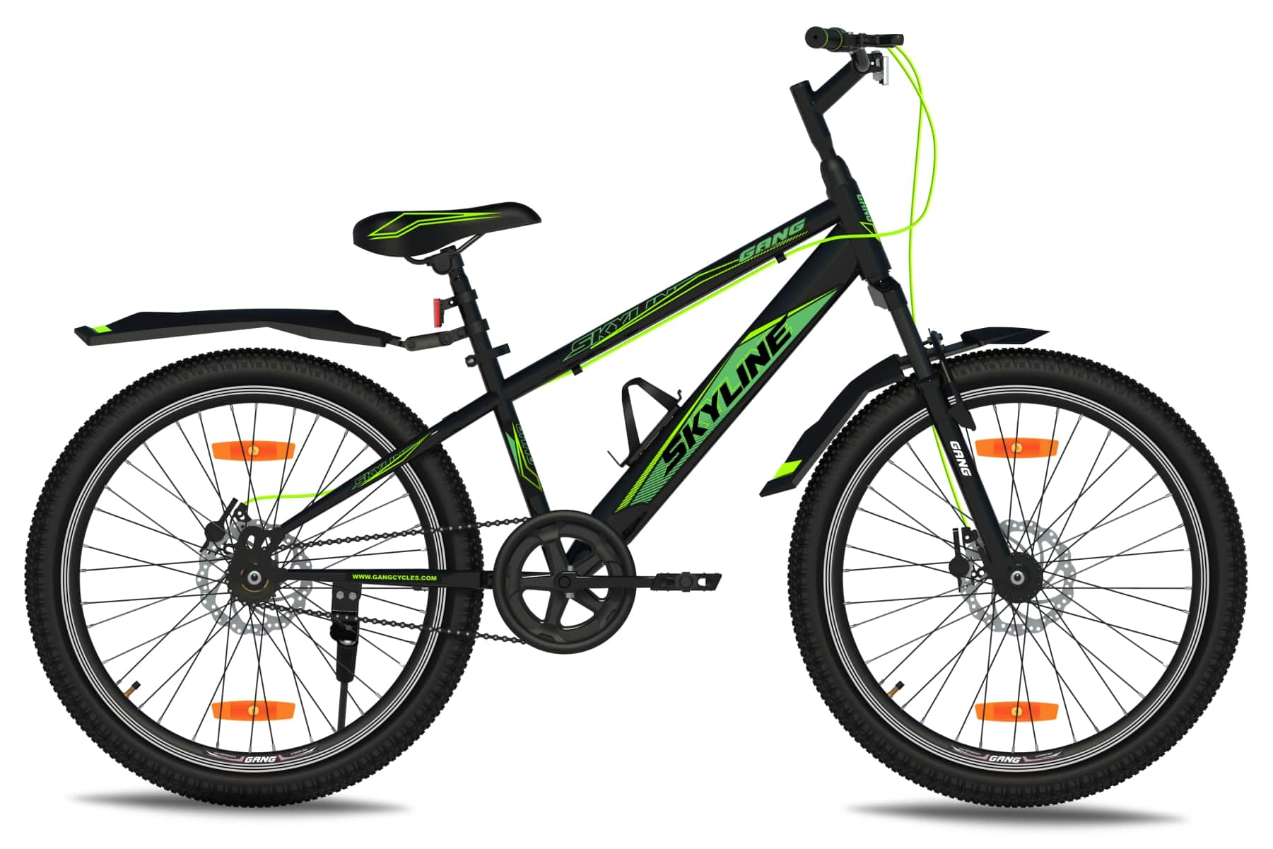 GANG SKYLINE Front Suspension Dual Disc Brake Single Speed 24T Frame 13 inches Mountain Cycle Black Green on EMI Bajaj Mall