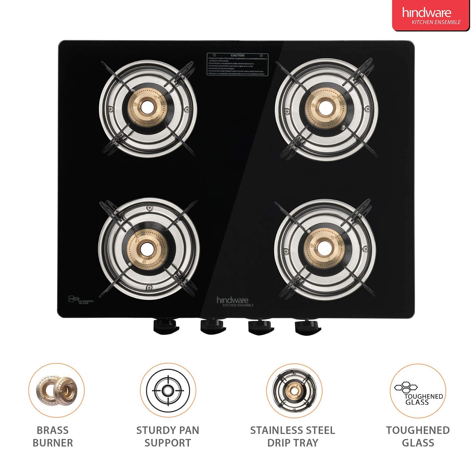 Hindware Armo GL Brass Black 4B AI 4 Burner Glass Gas Stove