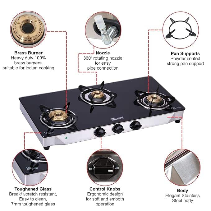 QUBA 3 Burners SS Gas Stove In Black Glass Top Manual Ignition On EMI